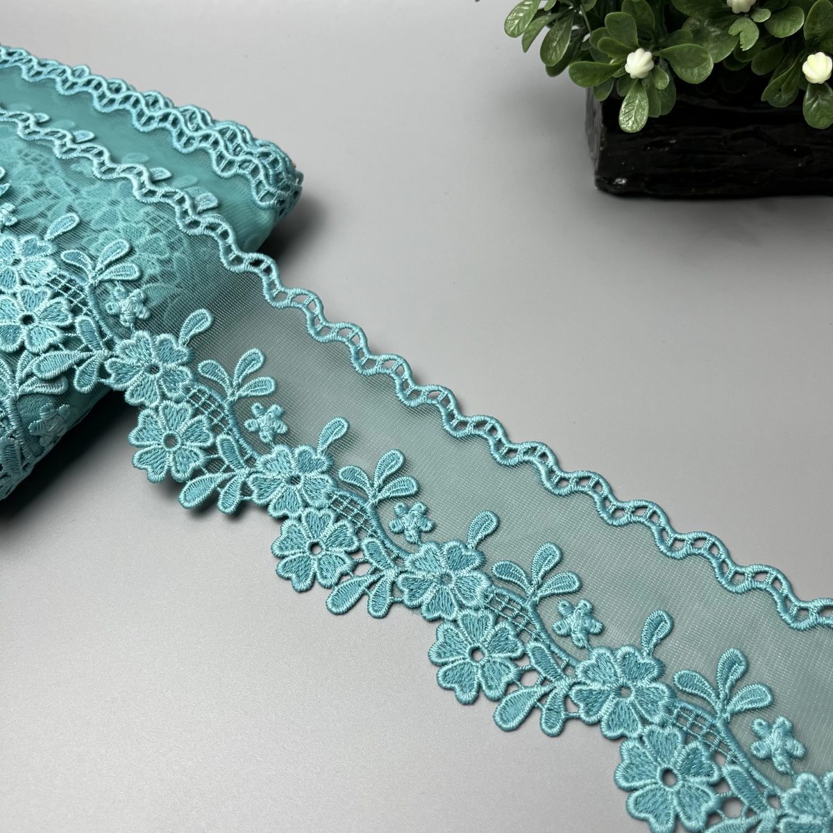 Daisy Sprig Wavy Edge Organza Net Lace Soft Aqua Turquoise