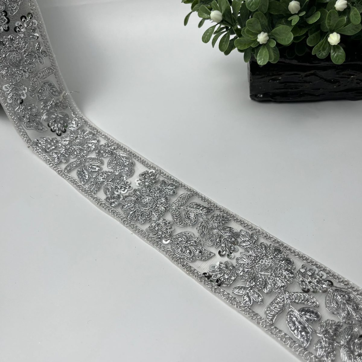 Two-Tone Floral Sitara Tilla Work Net Fancy Lace Silver