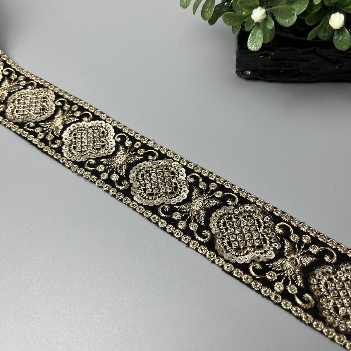 Rosebud Lattice Sitara Tilla Work Fancy Lace Black and Antique Gold