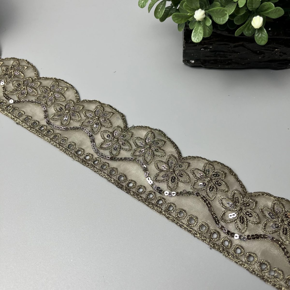 Scalloped Floral Wave Sitara Tilla Work Fancy Lace Antique Gold with Smoky Silver Sitara