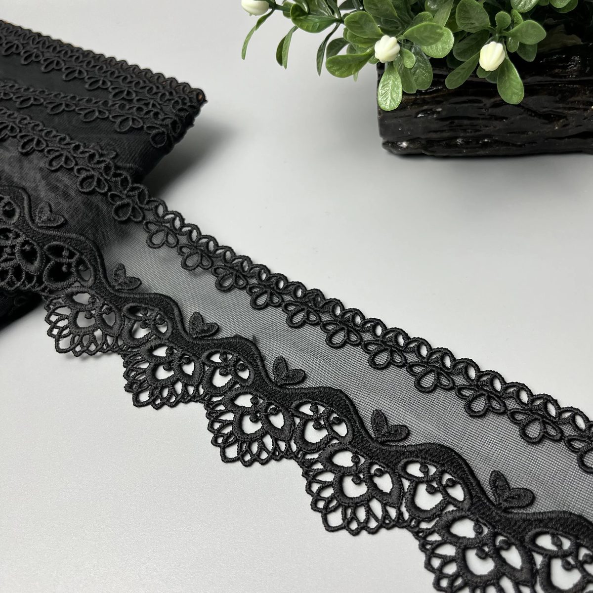 Scalloped Floral Medallion Milky Net Lace Black