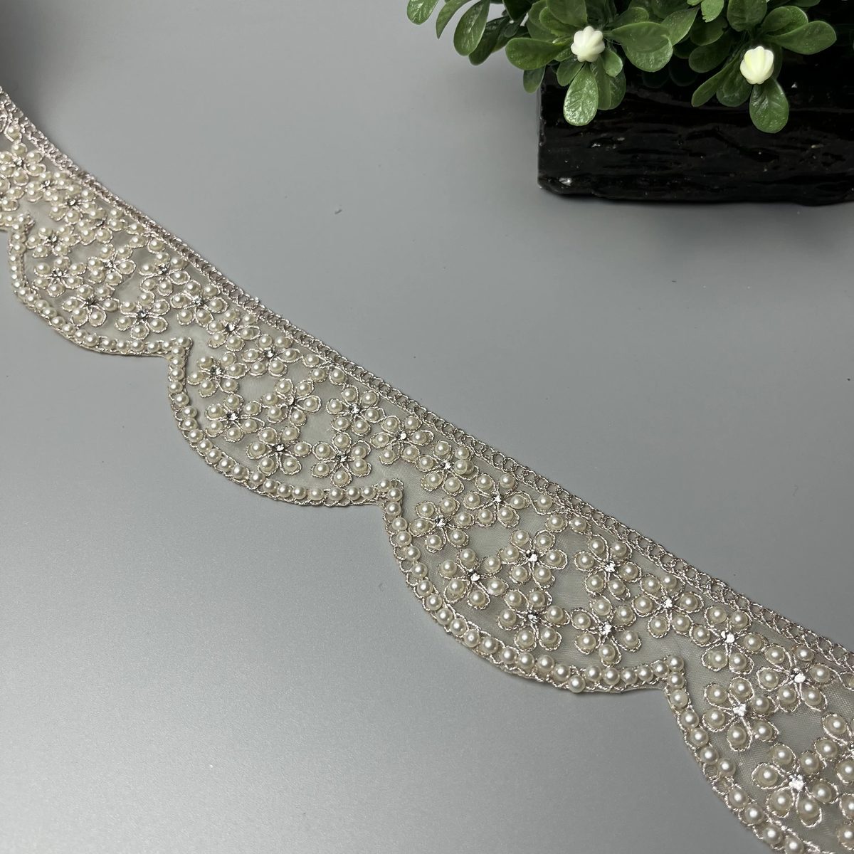 Pearl Blossom Scalloped Tilla Work Fancy Lace Light Gold and Ivory Pearl