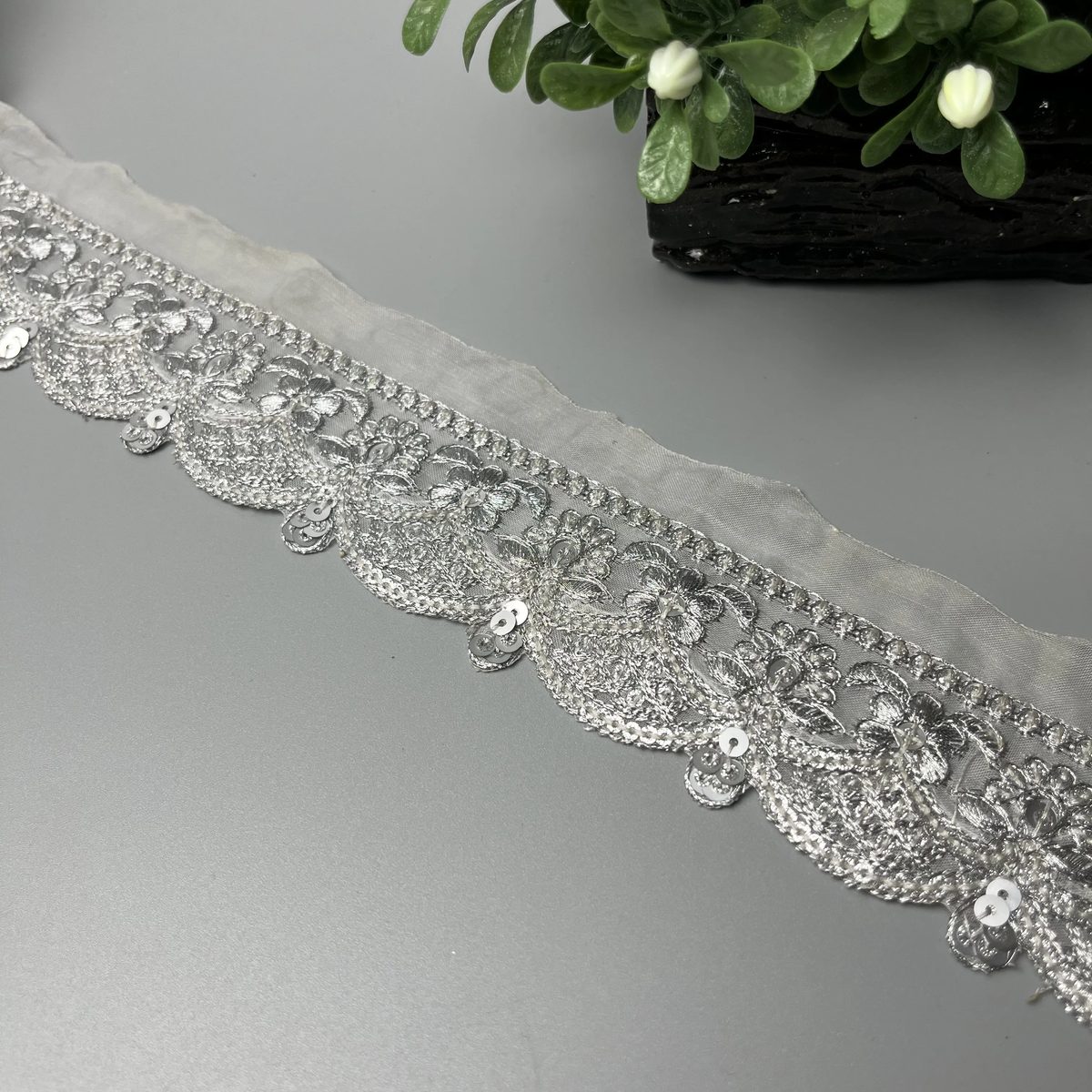 Floral Vine Scallop Tilla Sitara Organza Fancy Lace Silver