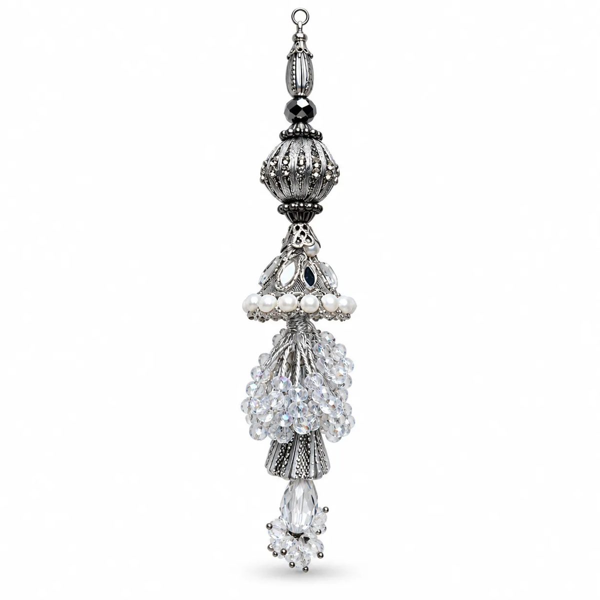 Oxidised Silver Pearl Crystal Jhumka Fancy Tassel Latkan Coloured