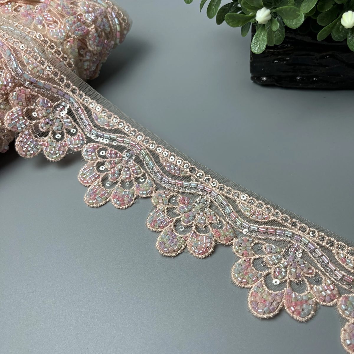 Blooming Vine Cutdana Sitara Scalloped Lace Blush Peach with Silver Sitara and Pastel Multicolour Cutdana