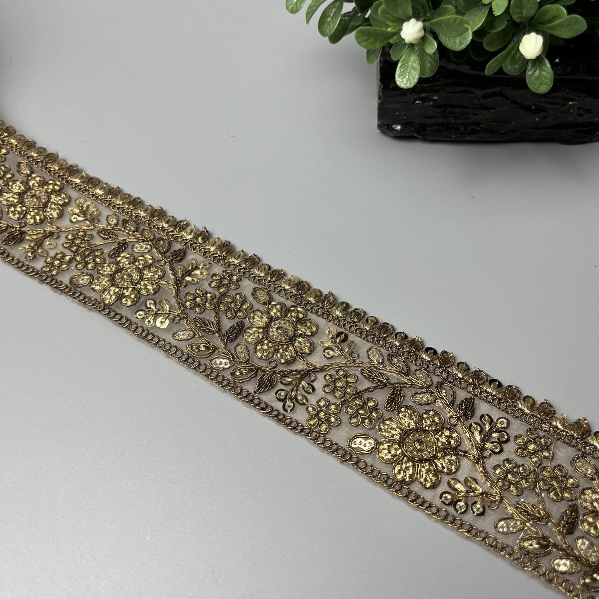 Regal Wildflower Vine Sitara Tilla Work Fancy Lace Dark Antique Gold