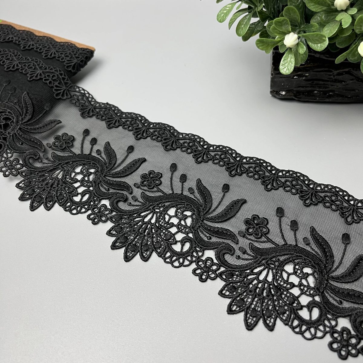 Botanical Floral Vine Scallop Milky Net Lace Black
