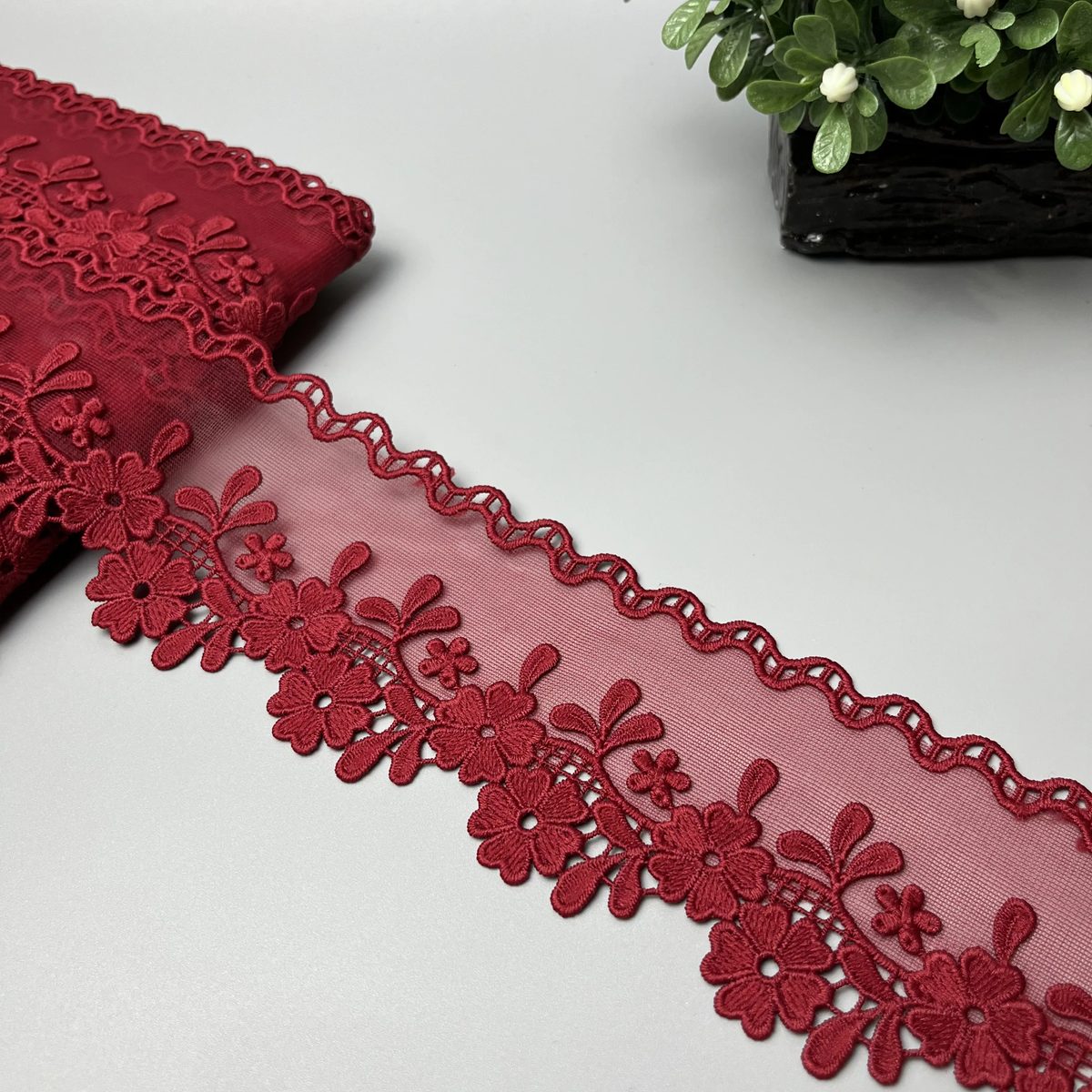 Daisy Sprig Wavy Edge Organza Net Lace Deep Crimson Red