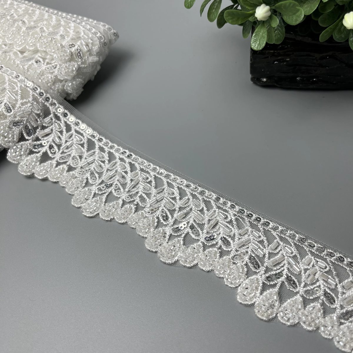 Diamond Floral Cutdana Sitara Scalloped Lace White and Silver