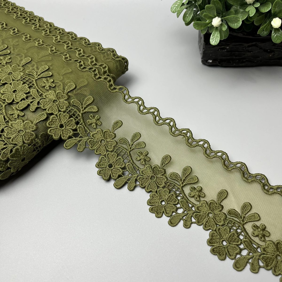 Daisy Sprig Wavy Edge Organza Net Lace Muted Olive Green