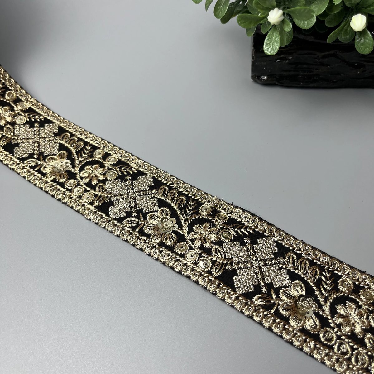 Garden Bouquet Sitara Tilla Work Fancy Lace Black and Antique Gold