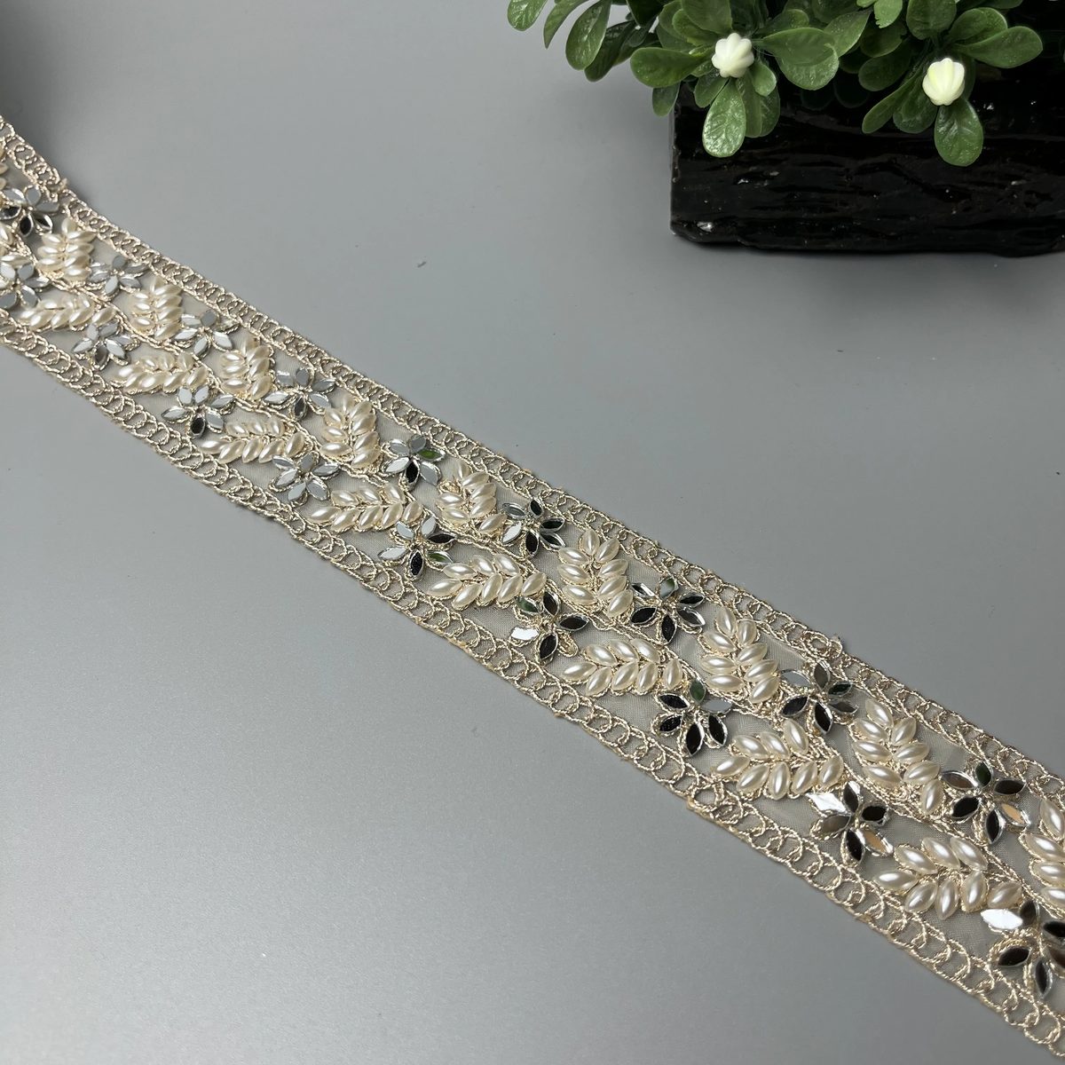 Pearl Leaf Mirror Tilla Work Fancy Lace Light Champagne Gold with Ivory Pearl and Silver Mirror