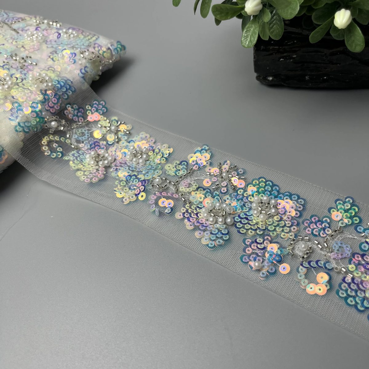 Floral Vine Pearl Cutdana Sitara Centre Lace Iridescent Pastel Multicolour, Silver And Pearl