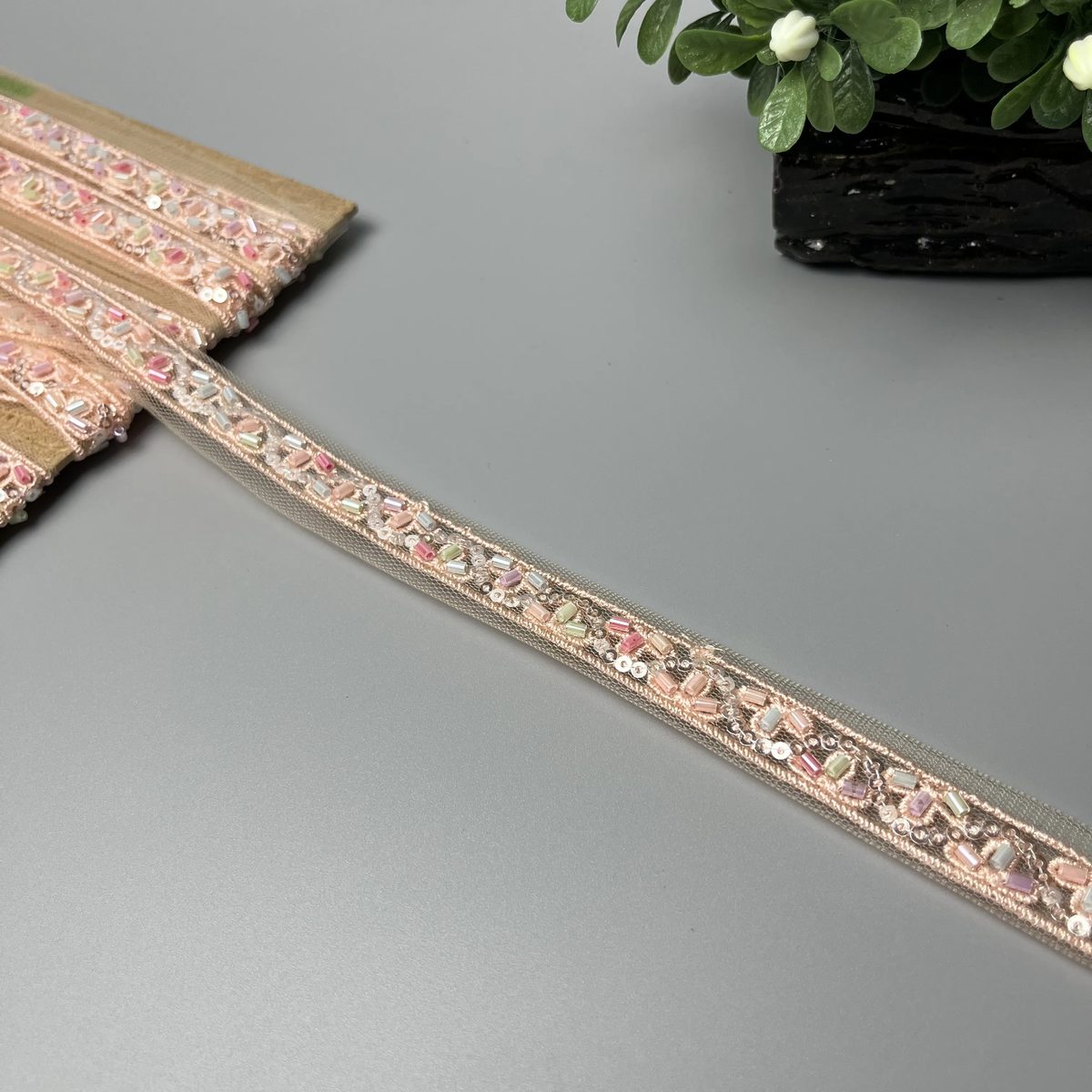 Zigzag Cutdana Sitara Centre Lace Blush Peach with Silver Sitara and Pastel Multicolour Cutdana