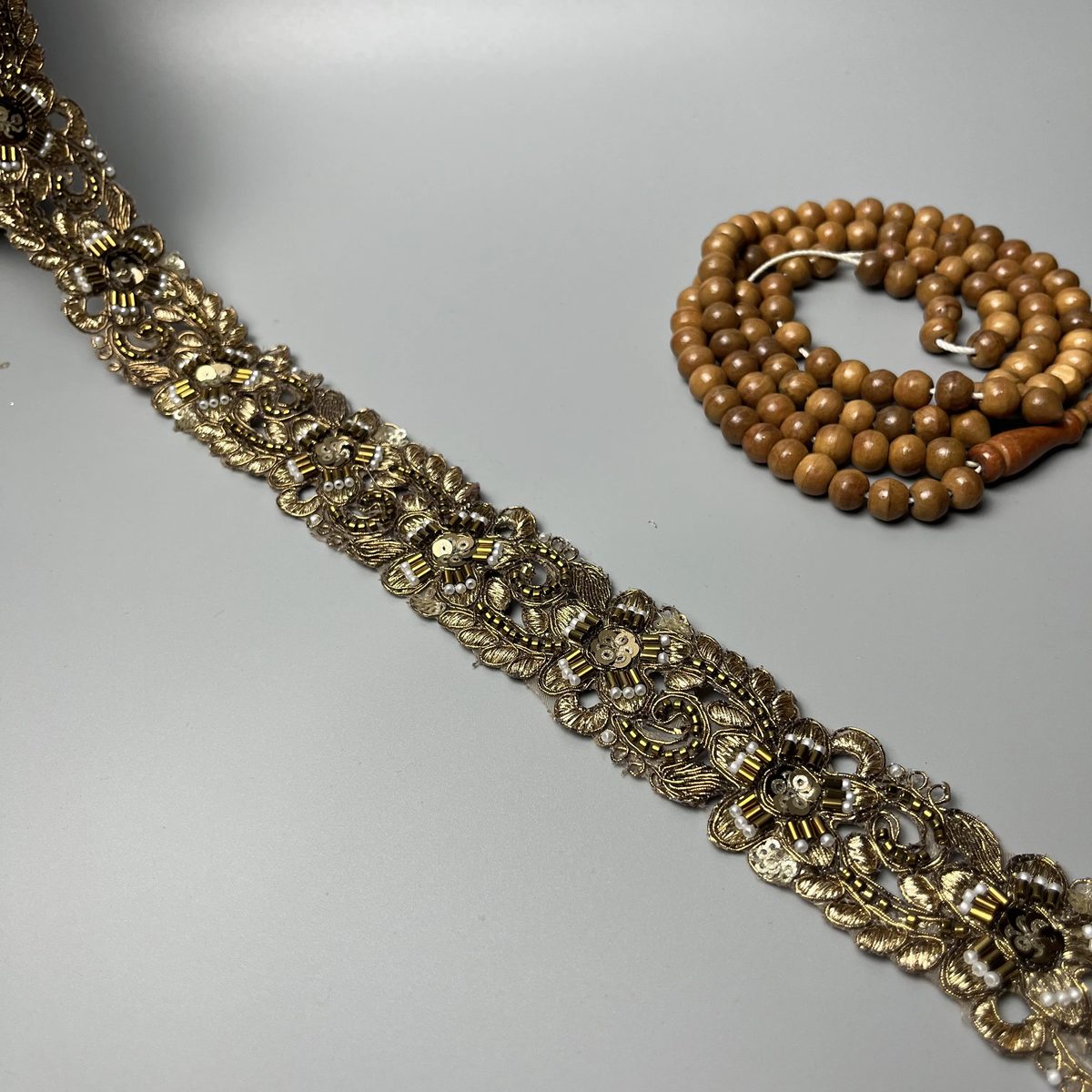 Scalloped Floral Cutdana Pearl Sitara Tilla Fancy Lace Antique Gold