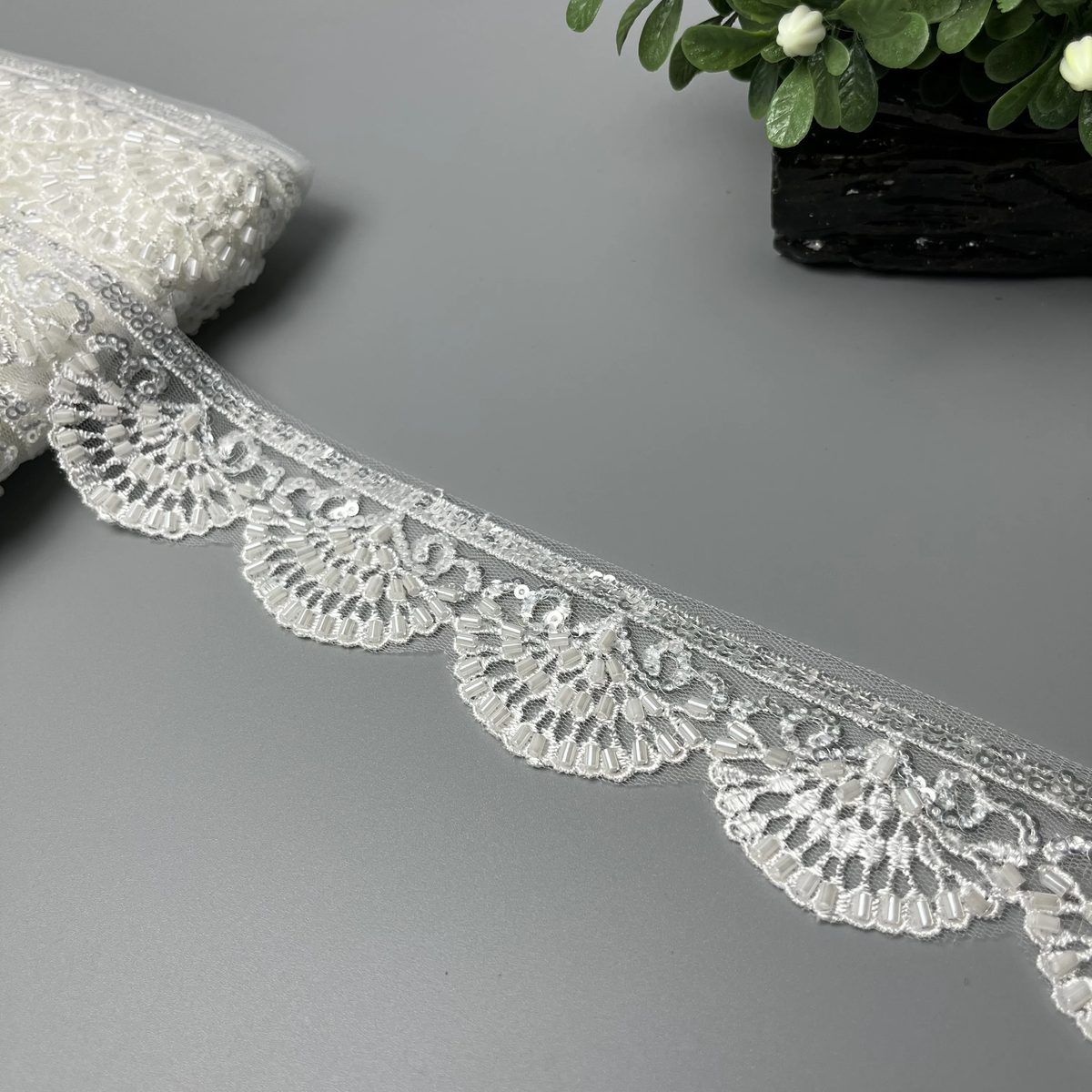 Radiant Fan Cutdana Sitara Scalloped Fancy Lace Pearl White and Silver