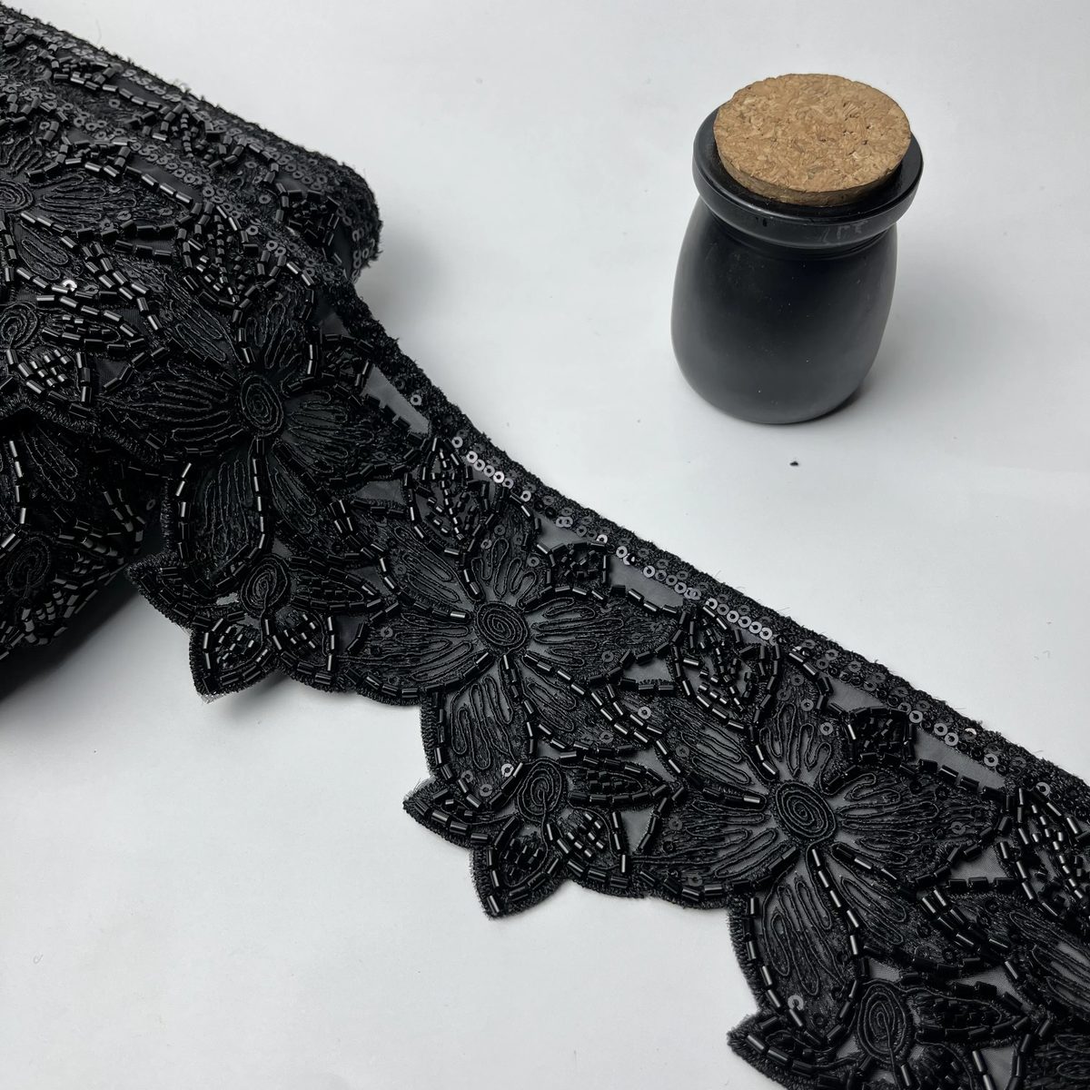 Wide Daisy Floral Cutdana Lace Black