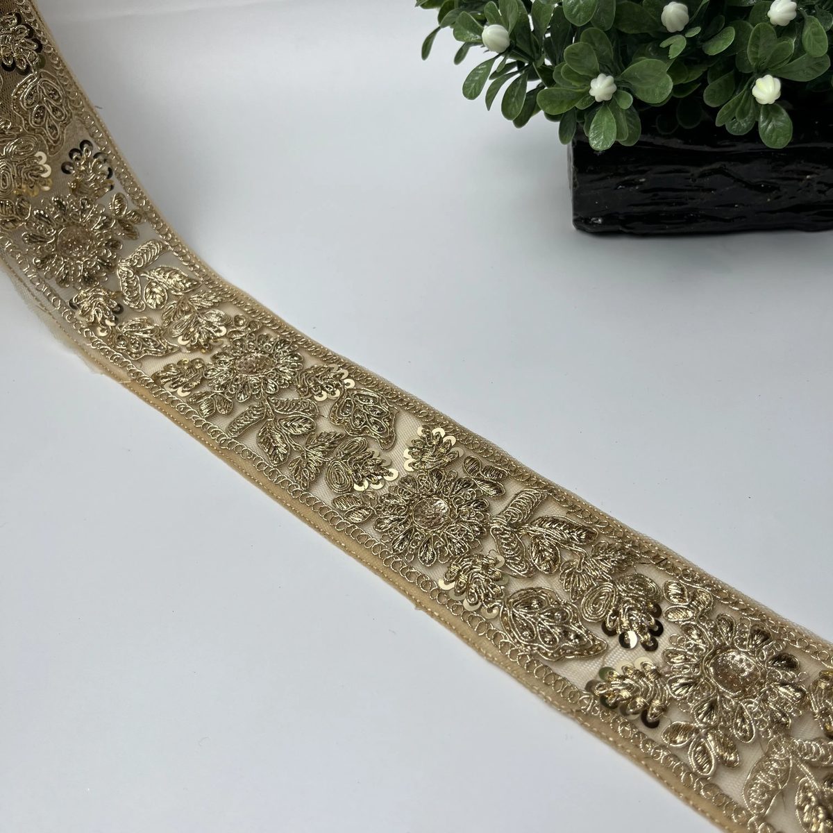 Two-Tone Floral Sitara Tilla Work Net Fancy Lace Golden