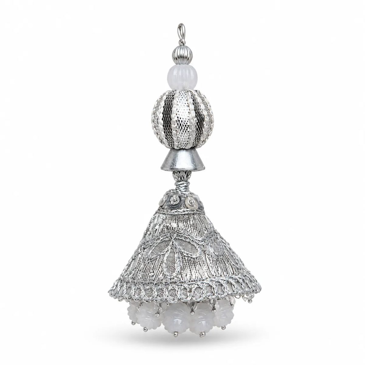 Silver White Embroidered Jhumka Fancy Tassel Latkan Antique Silver And White