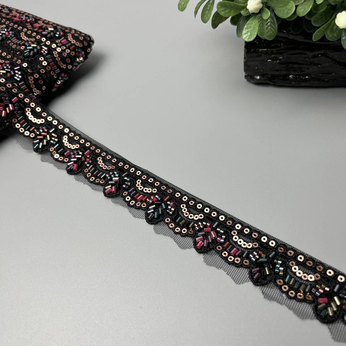 Floral Cluster Cutdana Sitara Scalloped Fancy Lace Black with Rose-Gold Sitara and Multicolour Jewel-Tone Cutdana