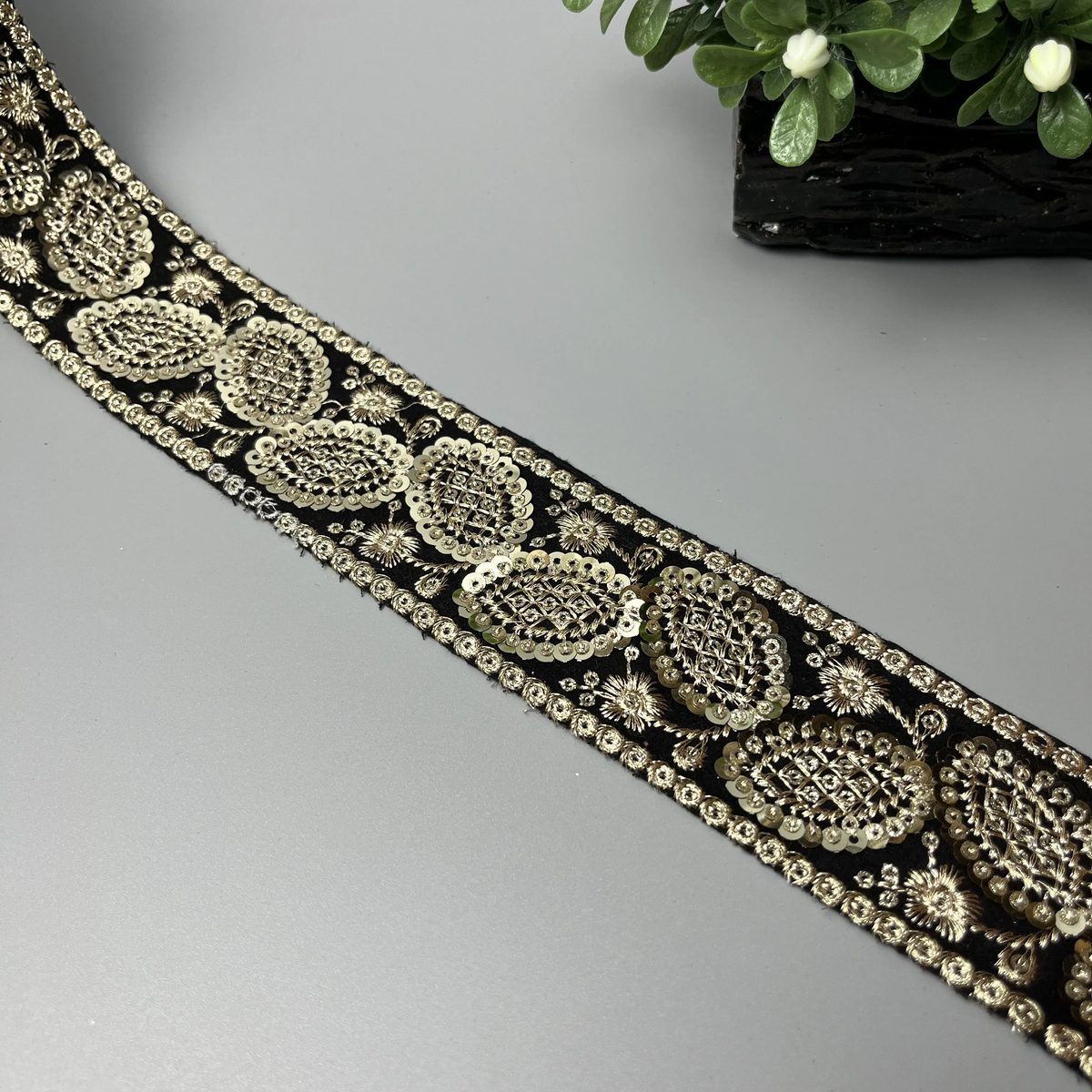Regal Medallion Sitara Tilla Work Fancy Lace Black and Antique Gold