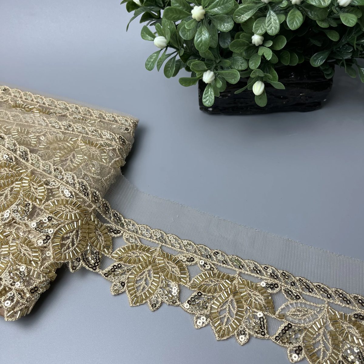 Scalloped Floral Medallion Cutdana Lace Golden