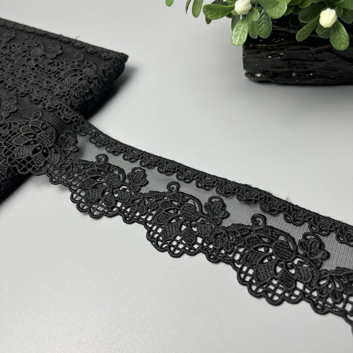 Floral Vine Scroll Scallop Milky Net Lace Black