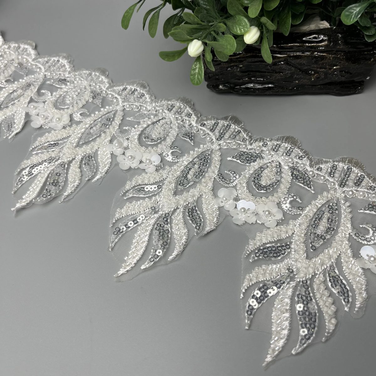 Paisley Leaf Cascade Cutdana Pearl Sitara Organza Lace Coloured
