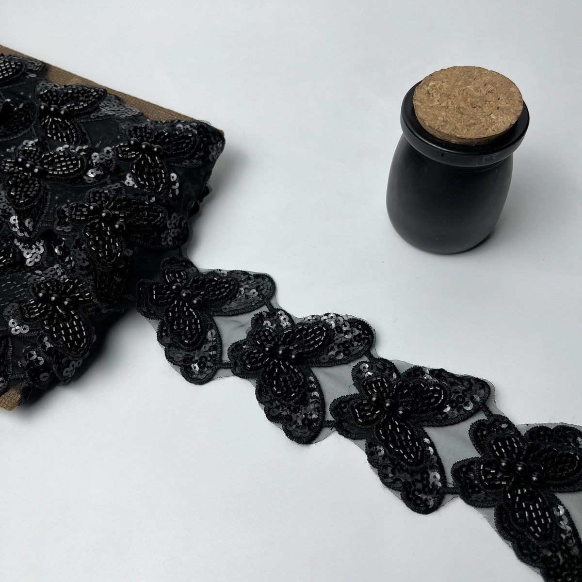 3D Floral Cutdana & Sequin Net Lace – Black Black