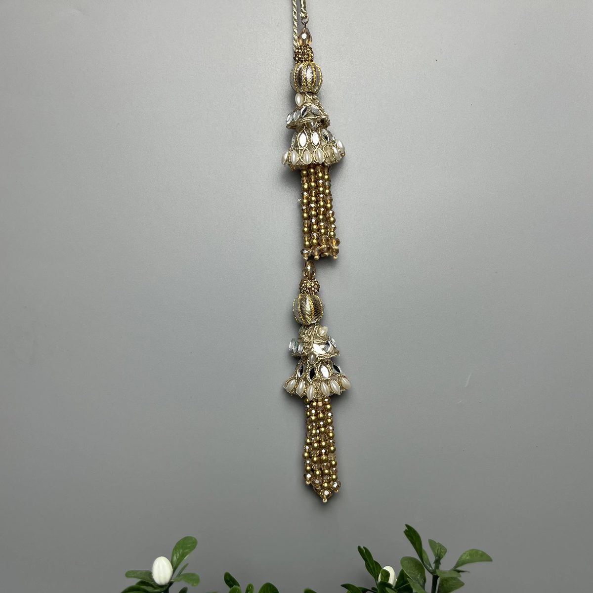 Gold Jhumka Beaded Fringe Handmade Back Dori Tassels Metallic Gold, Pearl White And Mirror Silver