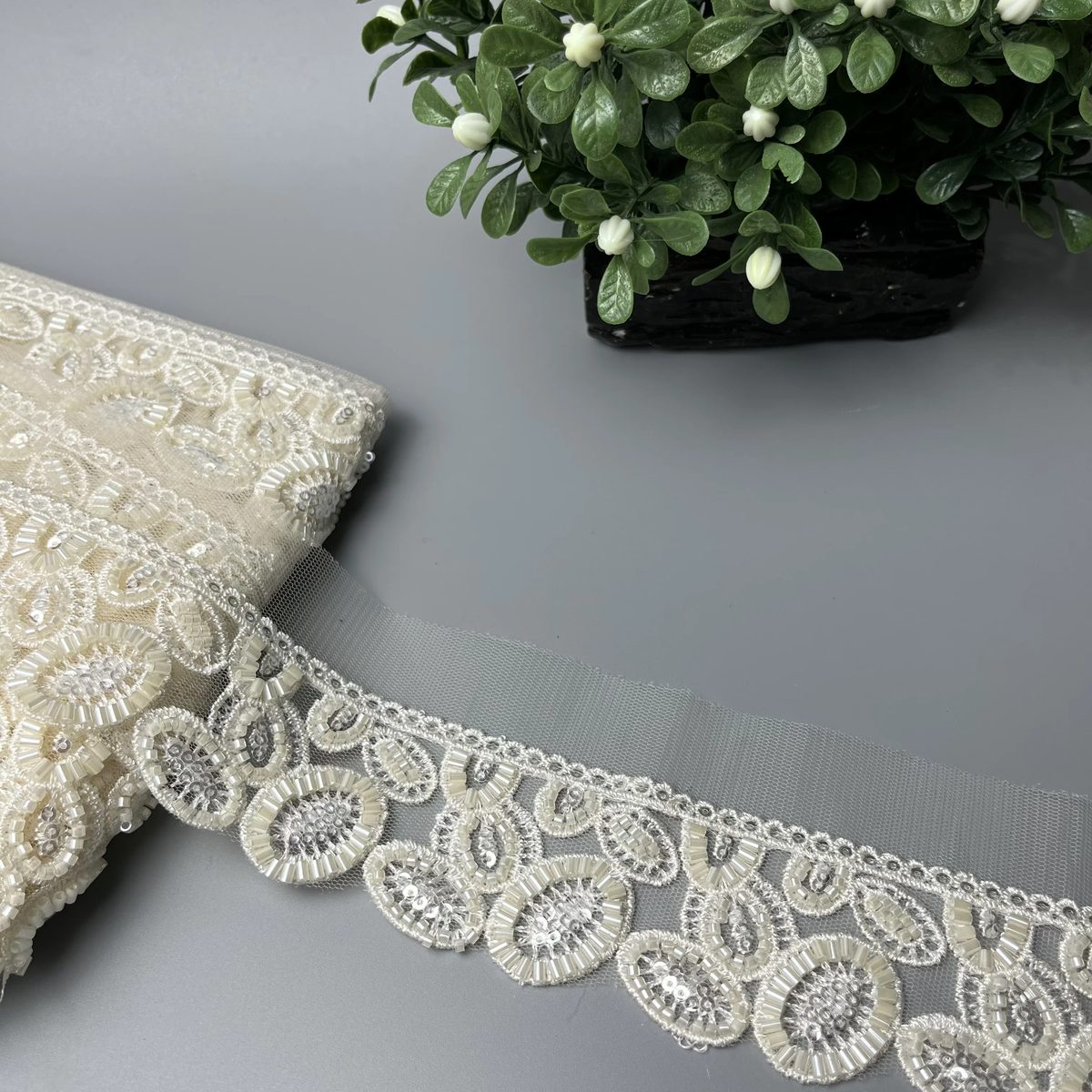 Scalloped Swirl Floral Cutdana Lace Pearl Ivory
