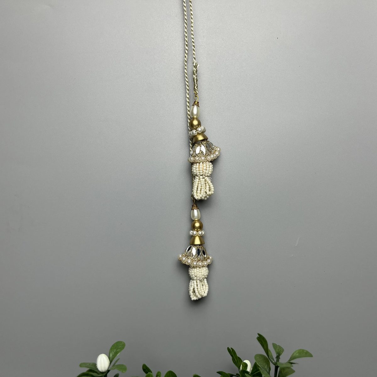 Pearl Cluster Jhumka Handmade Back Dori Tassels Pearl White, Gold And Mirror Silver