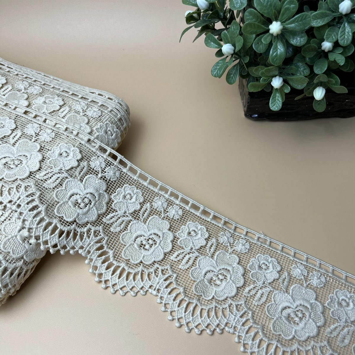 Rose Floral Cutwork Net Lace Ecru