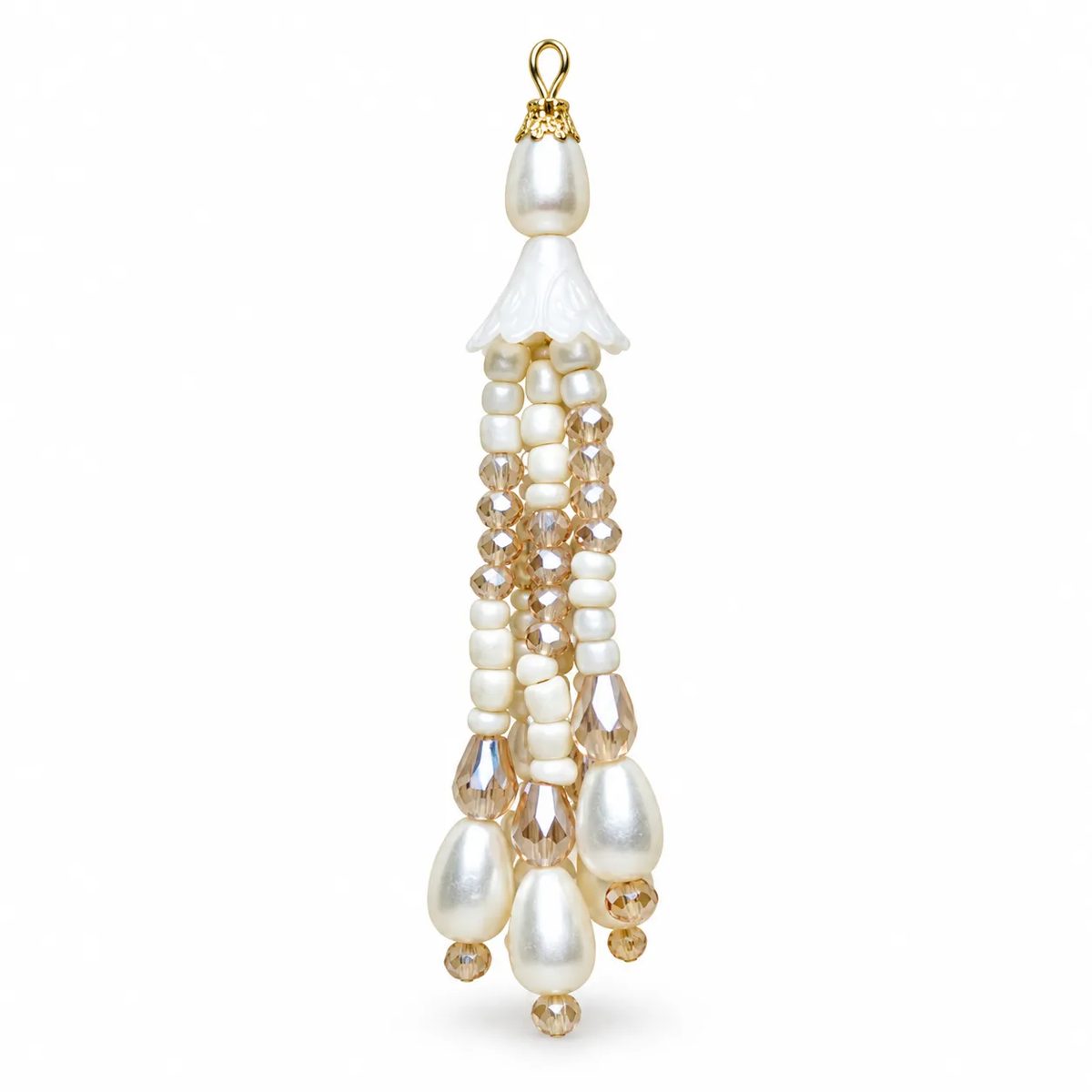 Pearl White Champagne Crystal Cascade Fancy Tassel Latkan Pearl White, Champagne And Gold