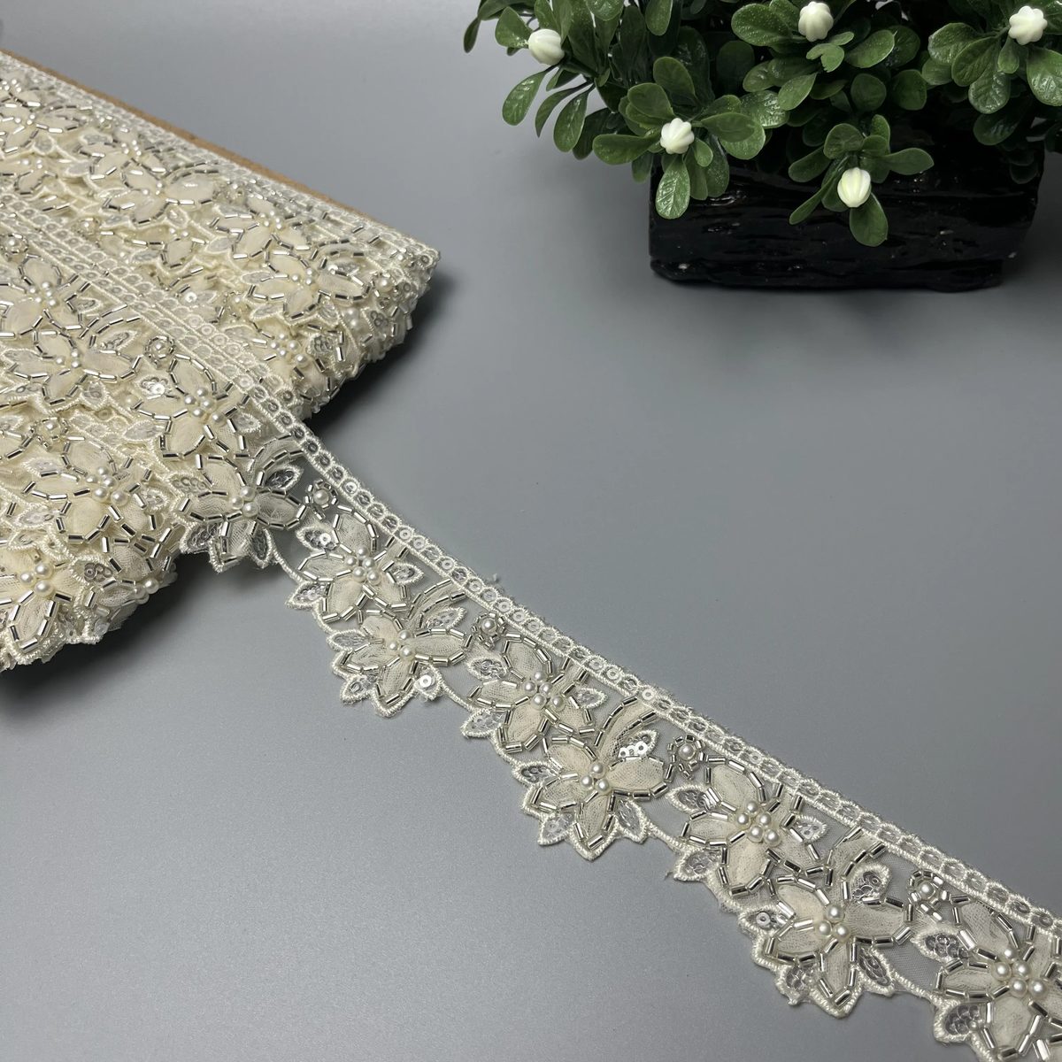 Floral Cutdana Sitara Tissue Work Lace Ivory Cream And Metallic Silver