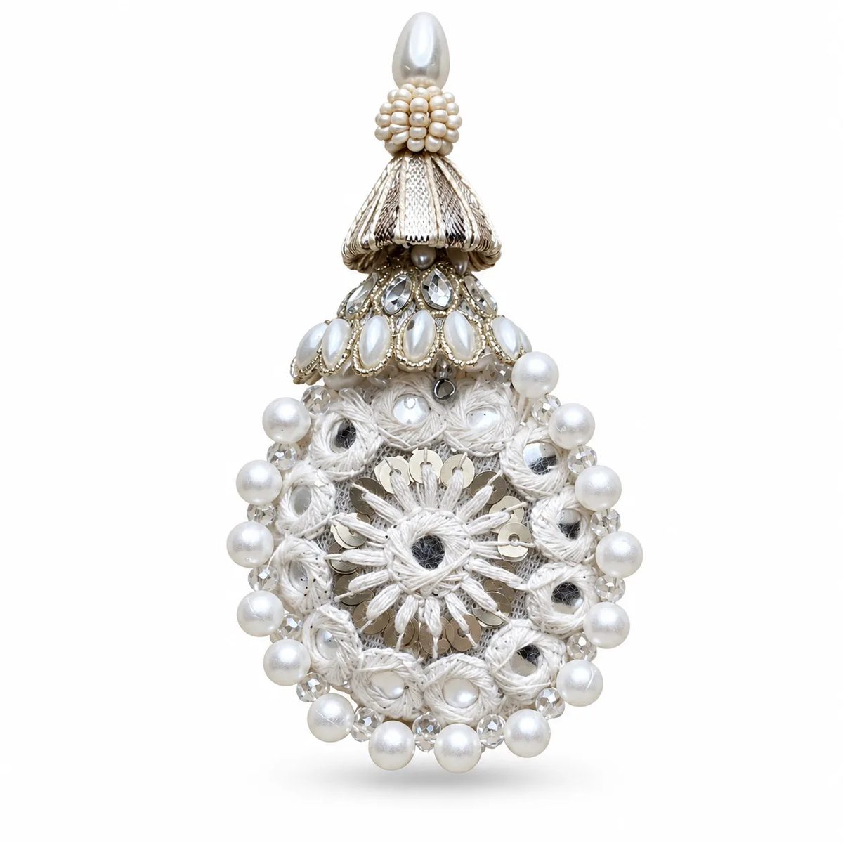Pearl White Handworked Oval Fancy Tassel Latkan Pearl White, Ivory And Champagne Gold