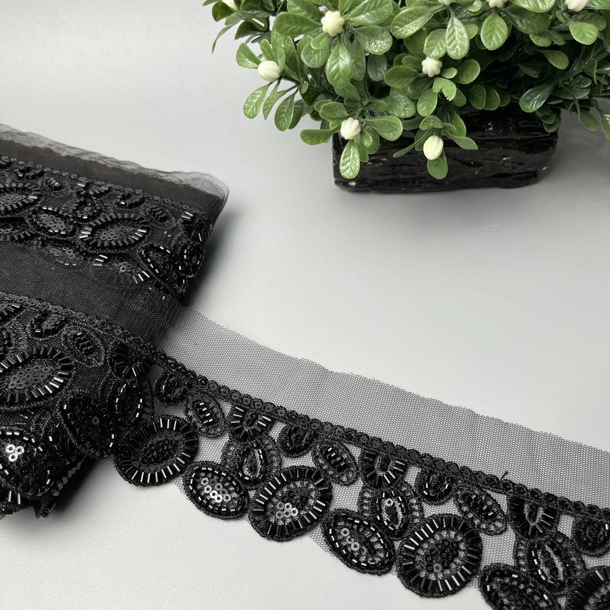 Scalloped Swirl Floral Cutdana Lace Black