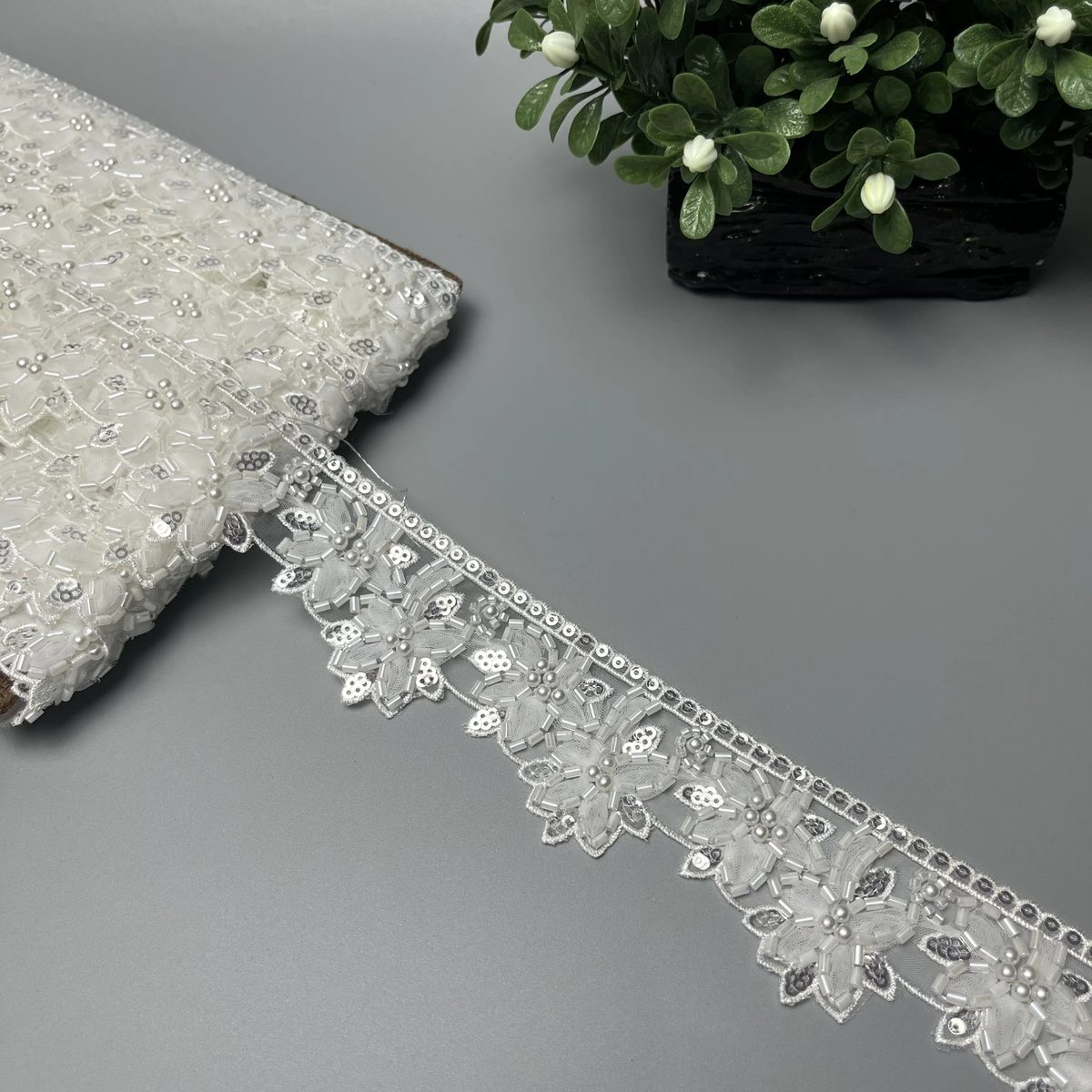 Floral Cutdana Sitara Tissue Work Lace White