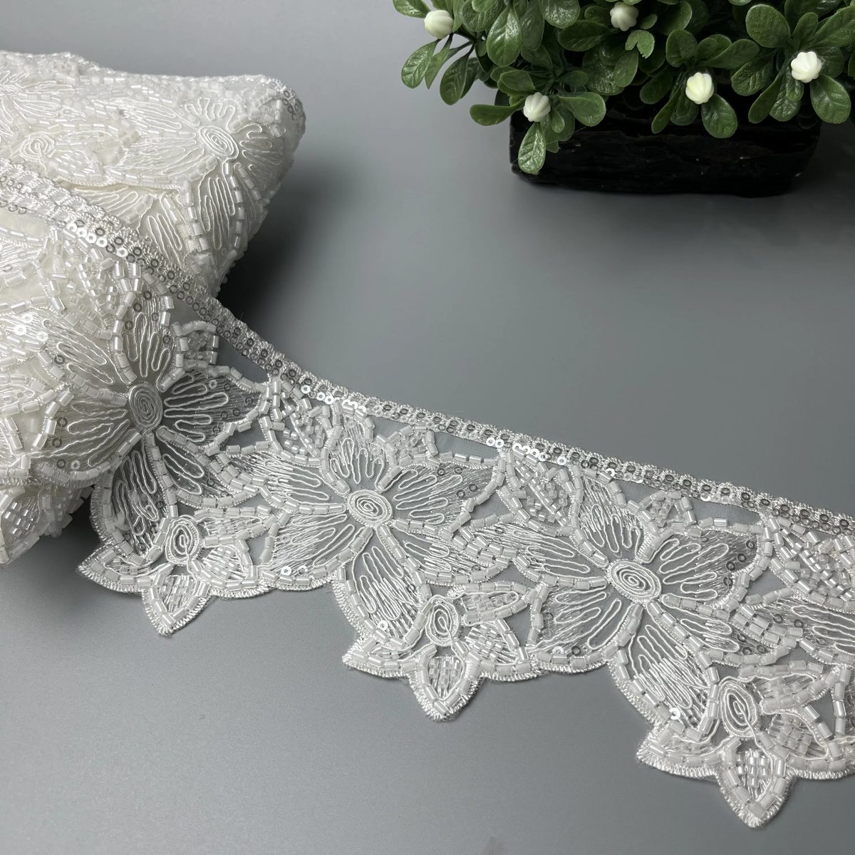 Wide Daisy Floral Cutdana Lace White