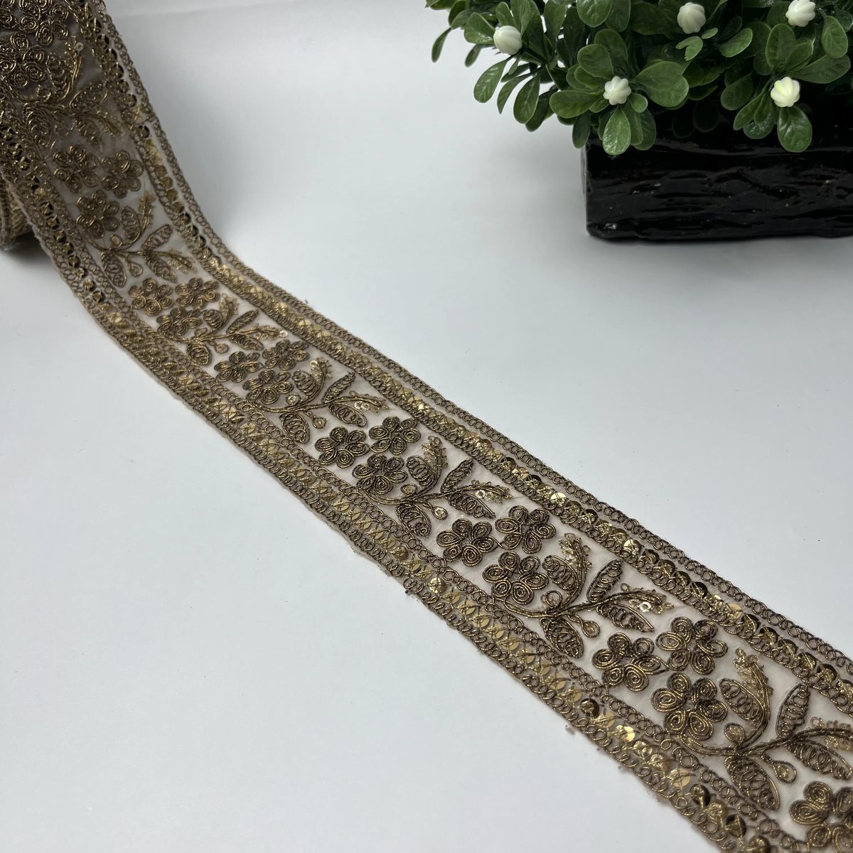 Spiral Floral Vine Sitara Tilla Work Fancy Lace Dark Antique Gold