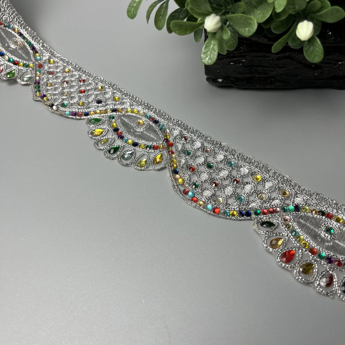 Peacock Paisley Multicolour Stone Tilla Net Fancy Lace Silver Multicolour