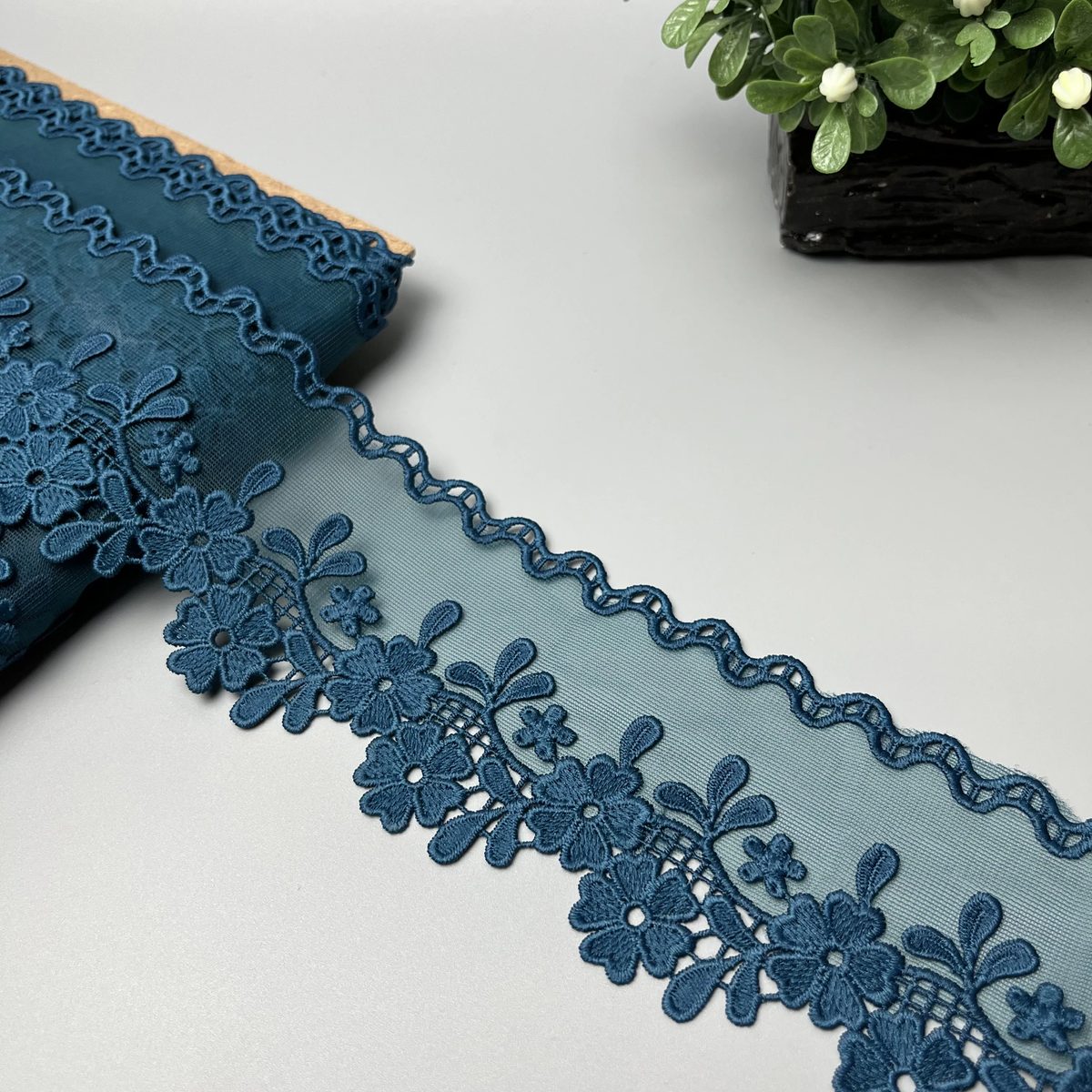 Daisy Sprig Wavy Edge Organza Net Lace Deep Muted Teal Blue