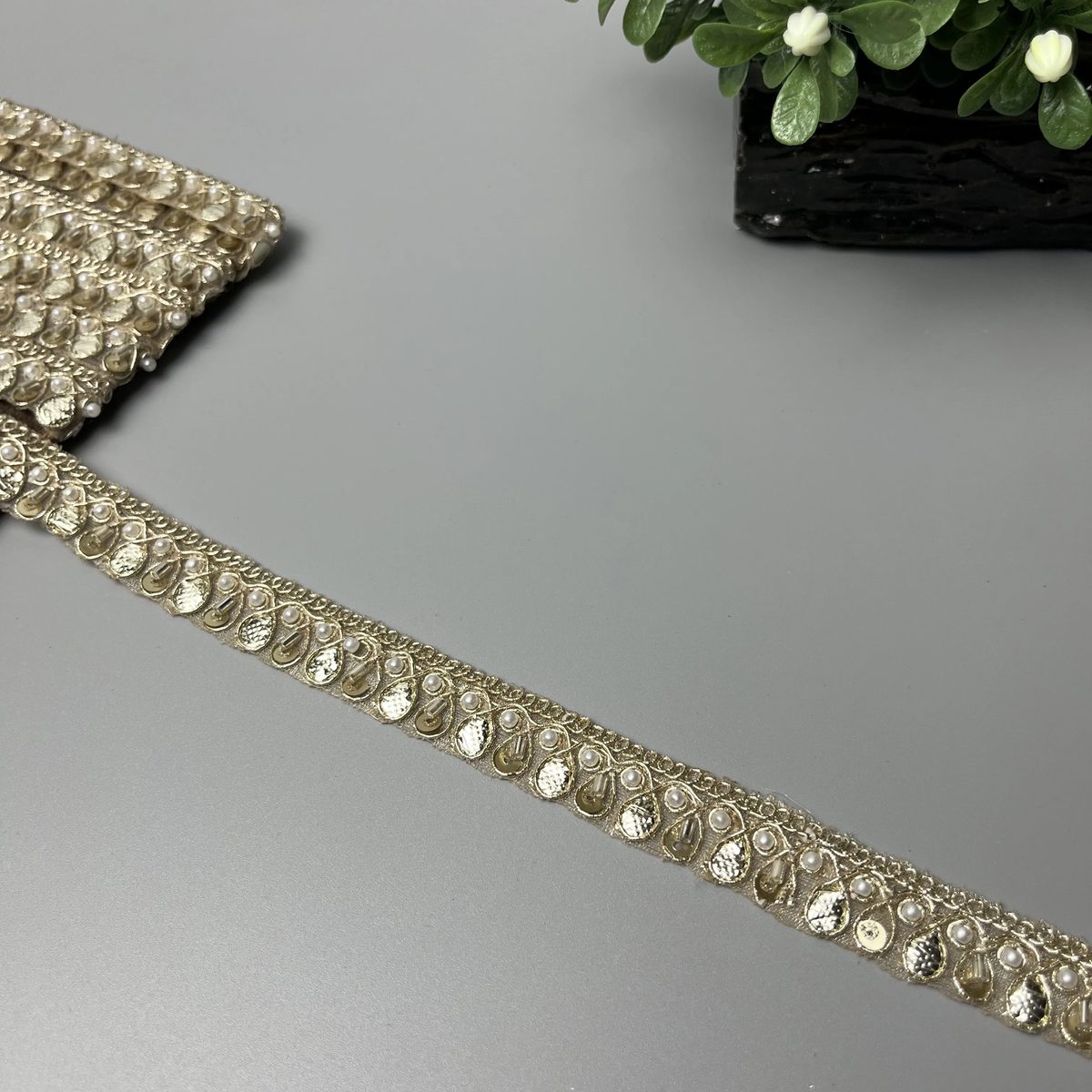 Pearl Paisley Panni Sitara Fancy Lace Light Champagne Gold and Ivory Pearl