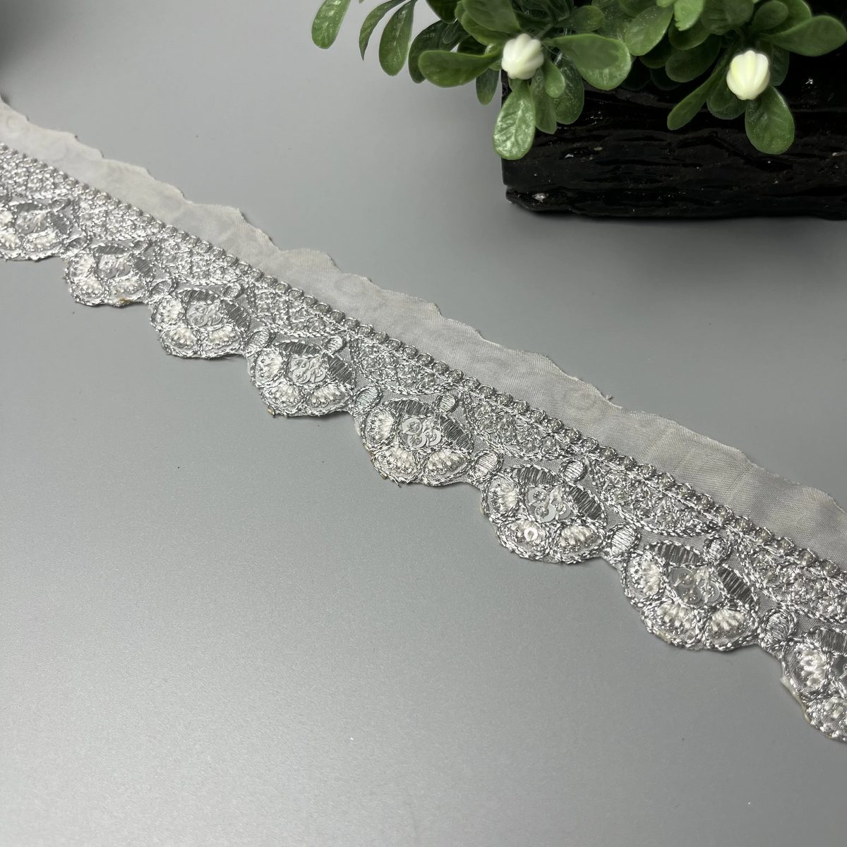 Floral Medallion Scallop Tilla Sitara Organza Fancy Lace Silver