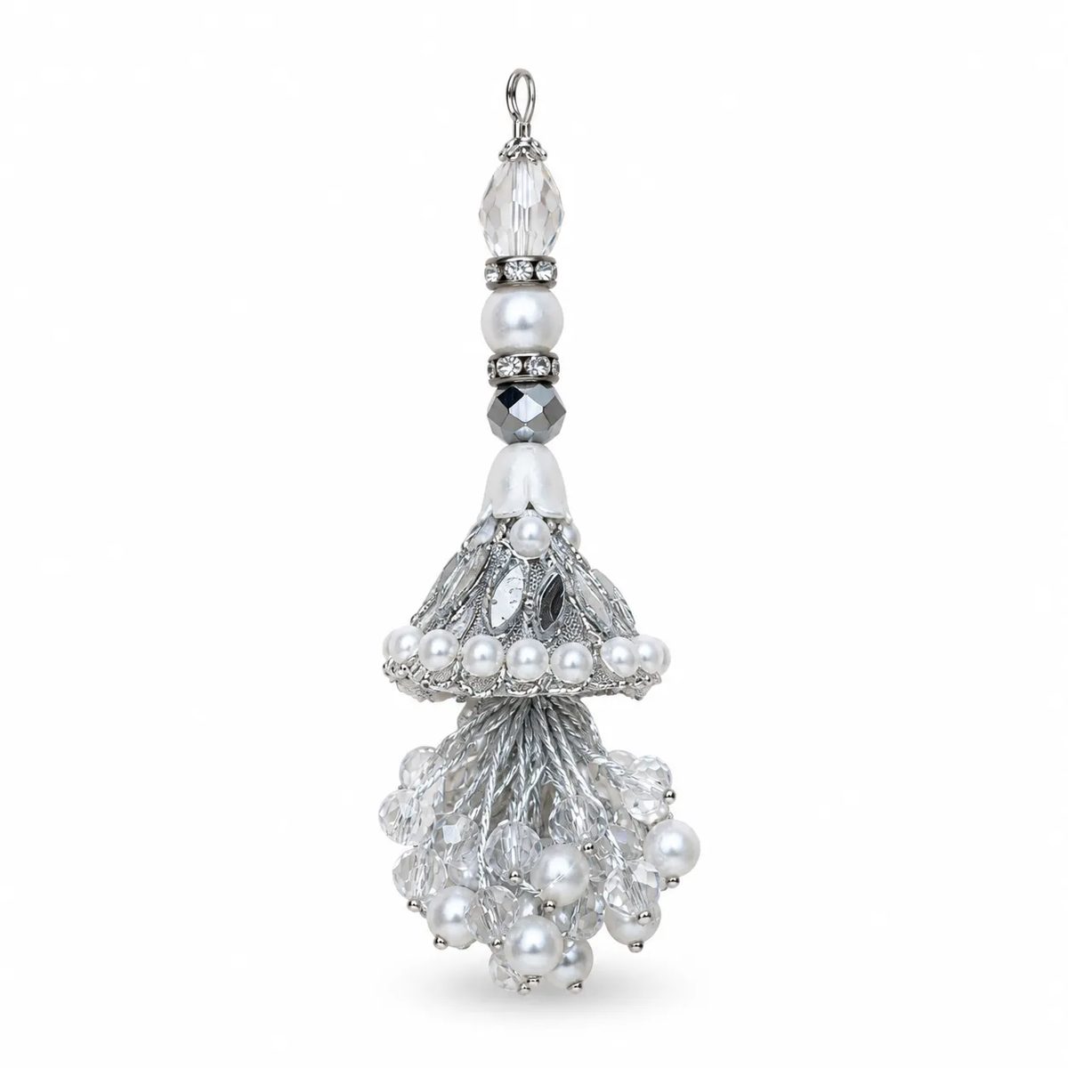 Silver Pearl & Crystal Fancy Tassel Latkan Silver, Pearl White & Clear Crystal