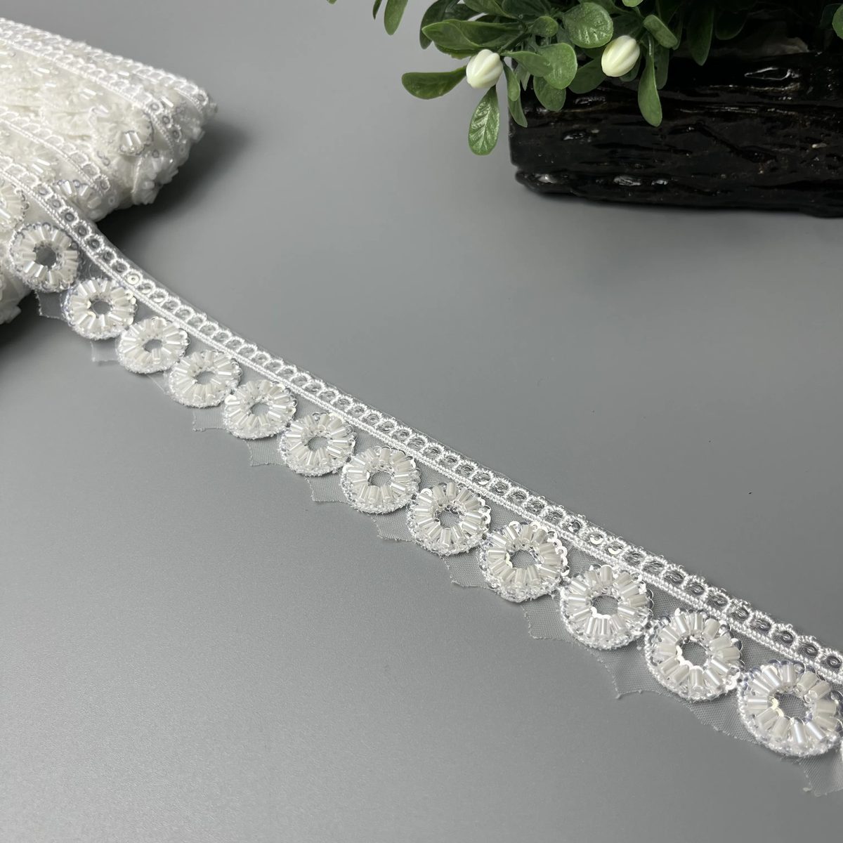 Daisy Ring Cutdana Sitara Scalloped Organza Lace White with Silver Sitara