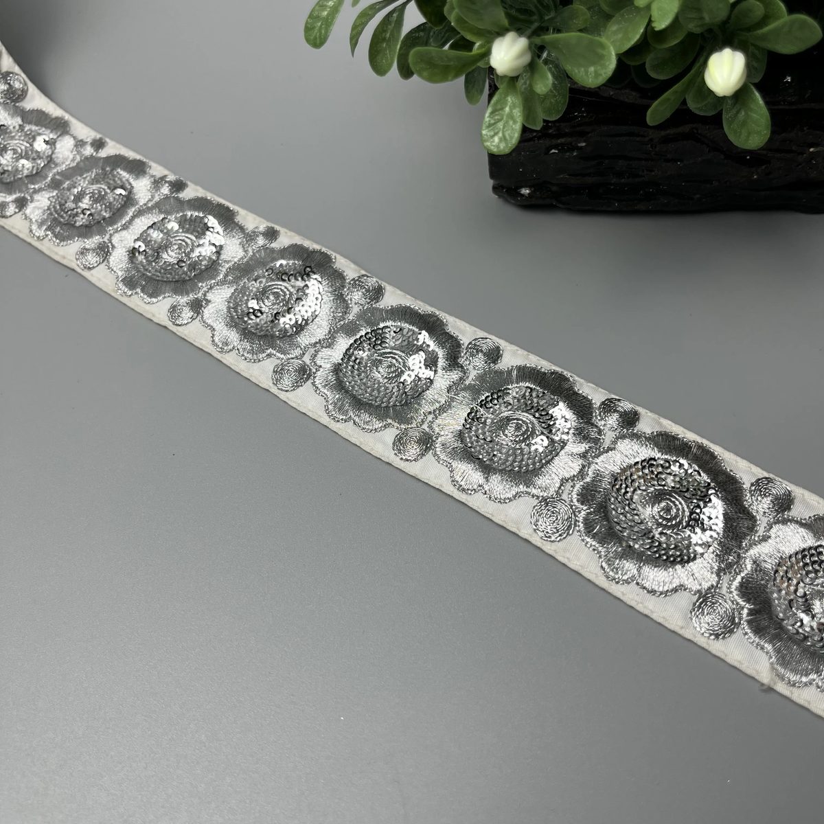 Rose Medallion Tilla Sitara Fancy Lace Silver