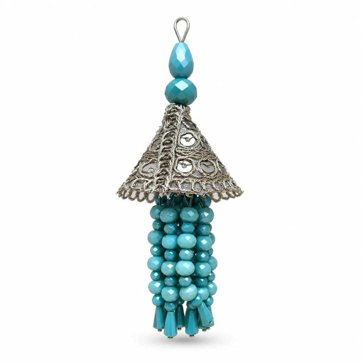Turquoise Silver Beaded Jhumka Fancy Tassel Latkan Turquoise Blue And Champagne Gold