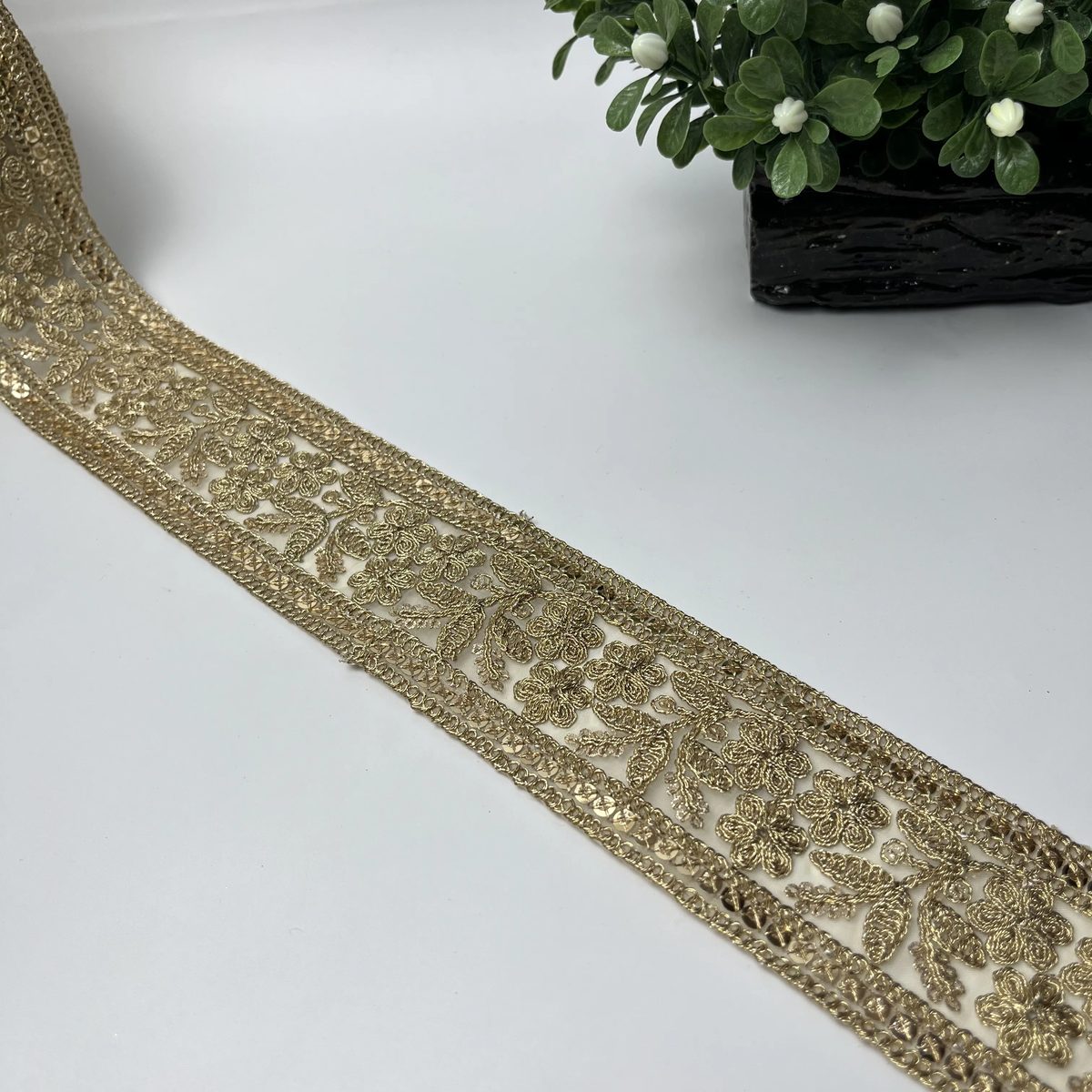 Spiral Floral Vine Sitara Tilla Work Fancy Lace Golden