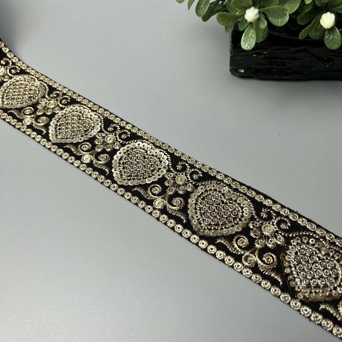 Square Lattice Medallion Sitara Tilla Work Fancy Lace Black and Antique Gold